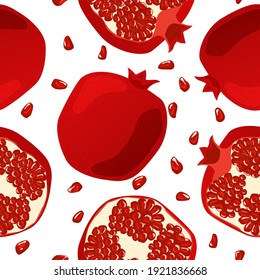 Seamless pattern with pomegranates and grains. Juicy, fresh red pomegranates on white background. Half pomegranate and whole fruits.