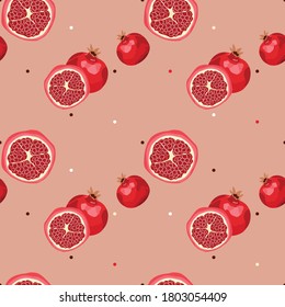 Seamless pattern with pomegranates. Halves of ripe red pomegranate with seeds. Print, wallpaper, modern textile design, wrapping paper. Vector illustration.