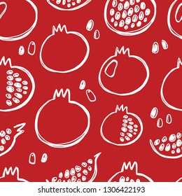 Seamless pattern with pomegranates. Ink hand drawn vector illustration. Can be used for wrapping paper, fabric, detox diet concept, farmers market, shop, menu, cafe, restaurant