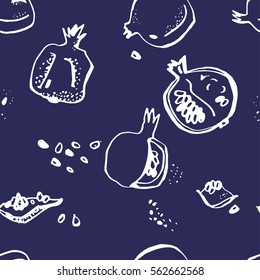Seamless pattern with pomegranates. Ink hand drawn background.