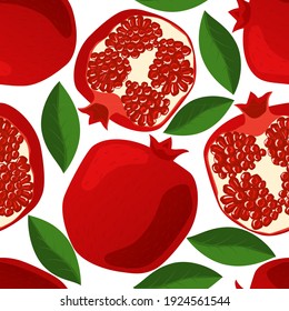 Seamless pattern with pomegranates, leaves and grains. Juicy, fresh red pomegranates on white background. Half pomegranate and whole fruits.
