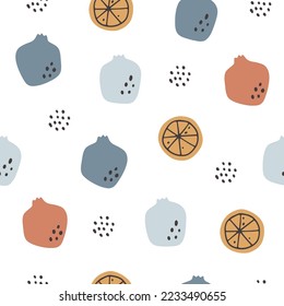 Patrón sin foco con granadas y naranjas. Ilustración vectorial de fondo dibujada a mano.