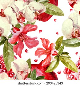 Seamless pattern with pomegranates and orchid flowers.