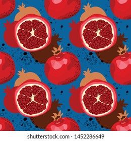 Seamless pattern with pomegranates. Stylized ripe pomegranate. Modern print, textile design, packaging, banner, poster, promotional material. Vector illustration.