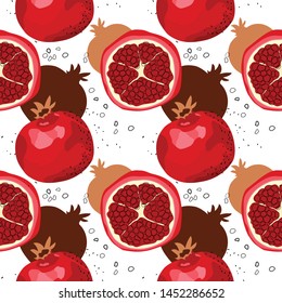Seamless pattern with pomegranates. Stylized ripe pomegranate. Modern print, textile design, packaging, banner, poster, promotional material. Vector illustration.