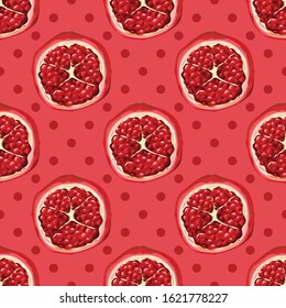 Seamless pattern with pomegranates. Stylized ripe pomegranate. Modern print, textile design, packaging, banner, poster, promotional material. Vector illustration.