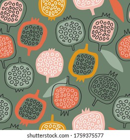 Seamless pattern with pomegranates: summer vibes. Creative  texture for fabric, wrapping, textile, wallpaper, apparel. Vector illustration.