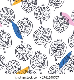 Seamless pattern with pomegranates: summer vibes. Creative  texture for fabric, wrapping, textile, wallpaper, apparel. Vector illustration in blue, pink and yellow.