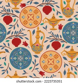 Seamless pattern with pomegranates and utensils in Arabic style. Vector graphics.
