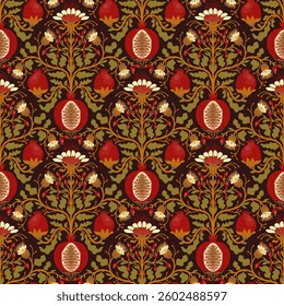 Seamless pattern with pomegranates. Vibrant pomegranate design in intricate floral pattern on dark backdrop