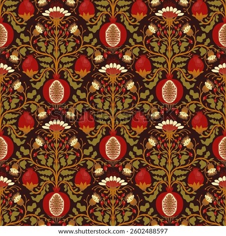 Seamless pattern with pomegranates. Vibrant pomegranate design in intricate floral pattern on dark backdrop