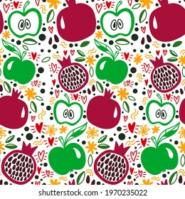 Seamless pattern with pomegranatesand apples. Rosh Hashanah