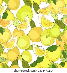 Seamless pattern Pomelo exotic fruit whole with a leaf and a piece on a white background. Dieting vegetarian food. Pomelo painted sketch. Vector illustration.