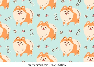 Seamless pattern of a Pomeranian Spitz. Cute dogs drawn in a flat style, purebred German Spitzes. Print for children's clothing, dog clothing, fabric, and paper.