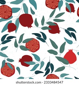 Seamless pattern with pomergranate and leaves on white background with small blue polka dots. Vector illustration.