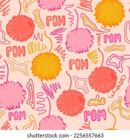 Seamless pattern with pom-poms. pink background. childish design seamless with yellow pom-poms.