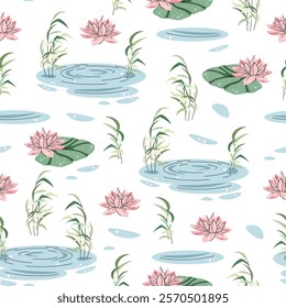 Seamless pattern with pond and reeds. Cute childish texture from a water lily pond. Vector illustration for children's wallpapers, backgrounds, fabric, etc.