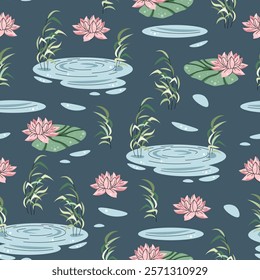 Seamless pattern with pond and reeds. Cute childish texture from a water lily pond. Vector illustration for children's wallpapers, backgrounds, fabric, etc.