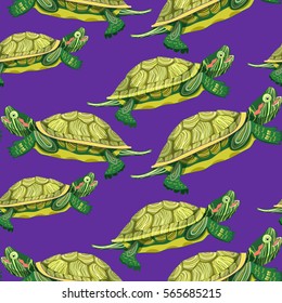 seamless pattern Pond slider turtle couple green a  smiling on purple. vector illustration