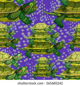 seamless pattern Pond slider turtle green smiling microcosm of world three star. vector illustration