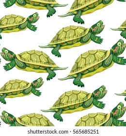 Seamless Pattern Pond Slider Turtle Couple Green A Smiling . Vector Illustration