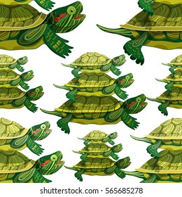 seamless pattern Pond slider turtle green smiling microcosm the world three. vector illustration