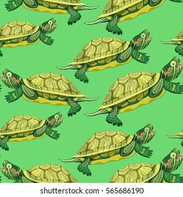 seamless pattern Pond slider turtle couple on green a smiling. vector illustration