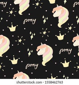 Seamless pattern. Pony, crown, stars on a black background. Vector. Decor element. Suitable for wrapping paper, postcards, wallpapers or textiles. Children's illustration