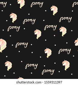 Seamless pattern. Pony on a black background. Unicorn. Vector. Decor element. Children's illustration