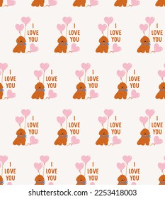 Seamless pattern of poodle dog with balloons, and hand lettering. Concept of valentine's day, romance, gifts, love, pet.
