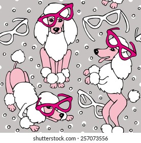 Seamless Pattern Poodle with Glasses Pink & Black & White