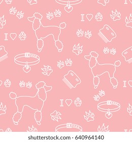Seamless pattern with poodle silhouette, comb, collar, dog tracks and hearts. Design for banner, poster or print.
