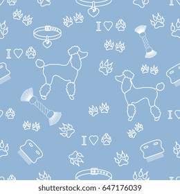 Seamless pattern with poodle silhouette, comb, collar, dog tracks, hearts and toy for dogs from a rope. Design for banner, poster or print.