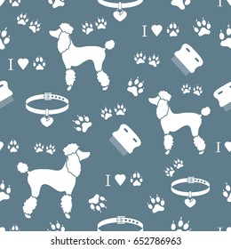 Seamless pattern with poodle silhouette, comb, collar, dog tracks and hearts. Design for banner, poster or print.