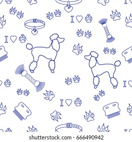 Seamless pattern with poodle silhouette, comb, collar, dog tracks, hearts and toy for dogs from a rope. Design for banner, poster or print.