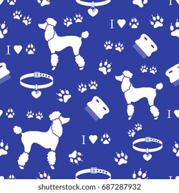 Seamless pattern with poodle silhouette, comb, collar, dog tracks and hearts. Design for banner, poster or print.
