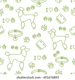 Seamless pattern with poodle silhouette, comb, collar, dog tracks and hearts. Design for banner, poster or print.