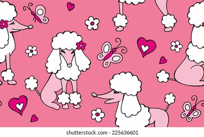 Seamless pattern of a poodle with some butterflies. flowers and hearts. Pink background. Vector illustration.