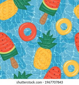 Seamless pattern of pool with floating mattresses shaped like pineapple and watermelon.