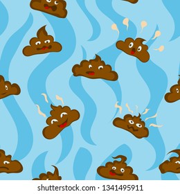 seamless pattern with poops and emotions cheerful on a blue background