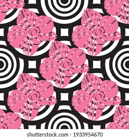 patrón ininterrumpido, arte pop círculos negros y blancos con vector de orquídeas rosas