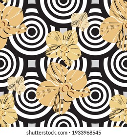 seamless pattern pop art black and white circles and gold orchids vector