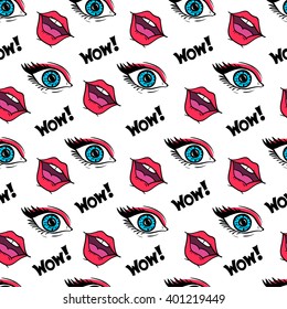 Seamless pattern in pop art comic style with female eyes and open mouth. Vector pop art background. Wow pop art seamless back.