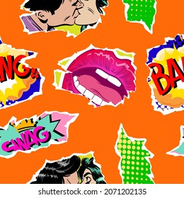 Seamless pattern pop art comics style. Collage of torn pieces from comic magazine. Creative art design backgrounds. Vector illustration. 
