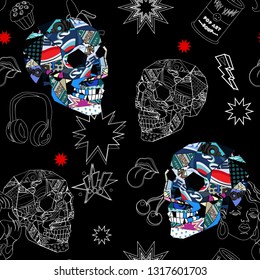 Seamless pattern with pop art objects, skulls, lines, caps, lips, stars, headphones, tin can be used as cool print for clothes. Vector illustration of a style of supermatism. Creative retro poster  