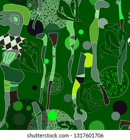 Seamless pattern with pop art objects, abstract forms, lines, forms, woman, can be used as cool print for clothes. Vector illustration of a style of supermatism. Creative retro poster  