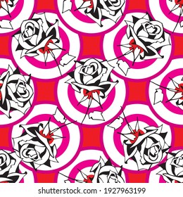 seamless pattern pop art red white and pink circles and black and white rose 
