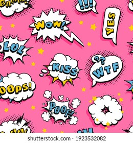 Seamless Pattern With Pop Art Speech Bubble And Text. Cartoon Style Vector Collection Of Frames And Words. Comic Illustration On Halftone Background