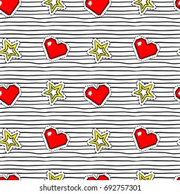 Seamless pattern with pop art stickers with pixel heart and star on modern texture with black stripes. Vector cartoon 80s - 90s comic style.