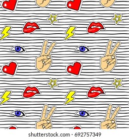 Seamless pattern with pop art stickers with lips, hand, eye, heart, lightning on texture with black stripes. Vector cartoon 80s - 90s comic style.